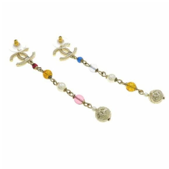 CHANEL CC Logos Multicolor Rhinestone Drop Stud Earrings Gold Tone - Picture 9 of 10